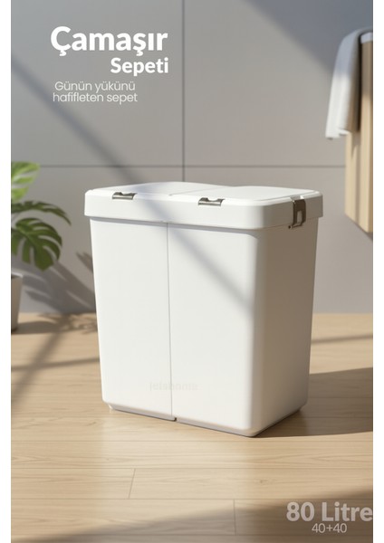 Ikili Dokunmatik Çamaşır Sepeti Beyaz-Gri Tuş Temizlik Kovası Kirli Sepeti 80 L