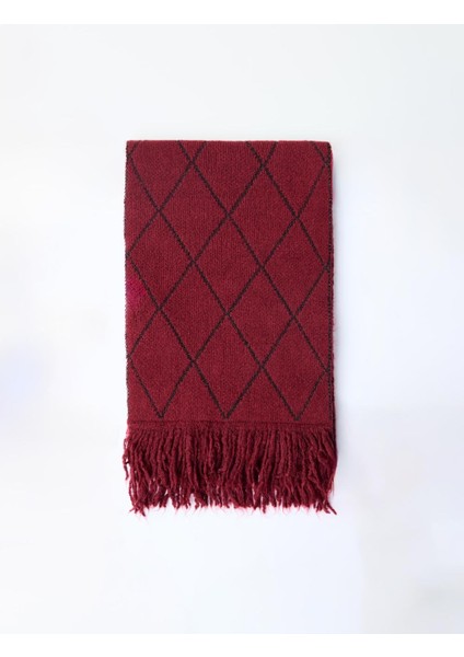 Kırmızı Baklava Desenli Püsküllü Atkı