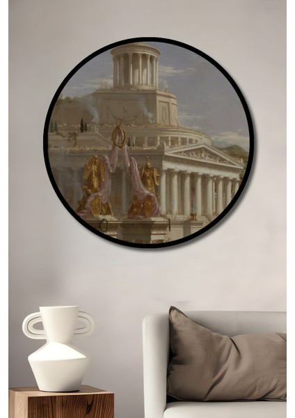 Dekoratif Ahşap Yuvarlak Çerçeve Görünümlü Tablo Antik Tapınak