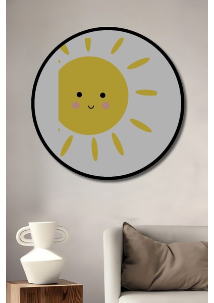 Dekoratif Ahşap Yuvarlak Çerçeve Görünümlü Tablo Mutlu Güneş