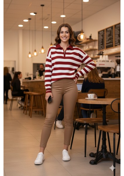 Kadın Kışlık Triko Kazak Over Size Standart Beden Fermuarlı Yaka Çizgi Motifli fırsatları