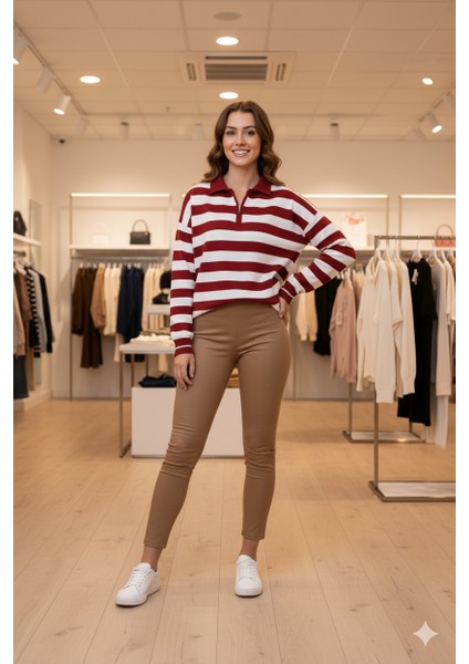 Kadın Kışlık Triko Kazak Over Size Standart Beden Fermuarlı Yaka Çizgi Motifli indirimleri