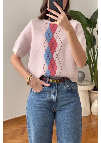 Ekose Desen Detaylı Kısa Kol Triko- Pembe