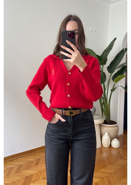 Polo Yaka Marka Nakışlı Orj Hırka- Kırmızı