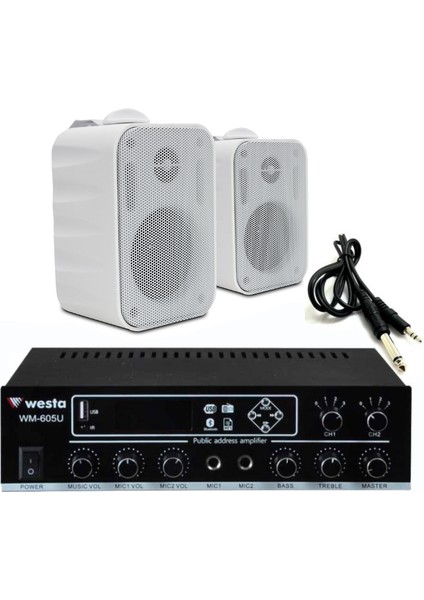 2’li Beyaz Duvar Hoparlörlü Bluetooth Anfi Ses Sistemi | Mağaza Ofis Müzik Seti