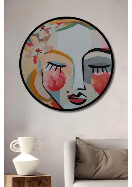 Dekoratif Ahşap Yuvarlak Çerçeve Görünümlü Tablo Renkli Kadın Yüzü