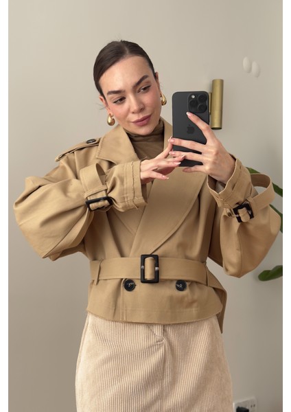 Kısa Kemerli Premium Trençkot- Camel fırsatları