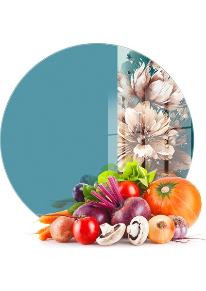 Cam Kesme Tahtası ve Sunumluk Yuvarlak Vintage Mavi Beyaz Çiçekler 30X30 cm