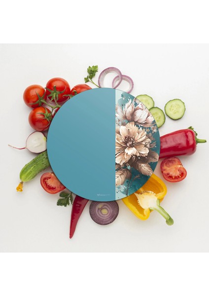 Cam Kesme Tahtası ve Sunumluk Yuvarlak Vintage Mavi Beyaz Çiçekler 30X30 cm modelleri