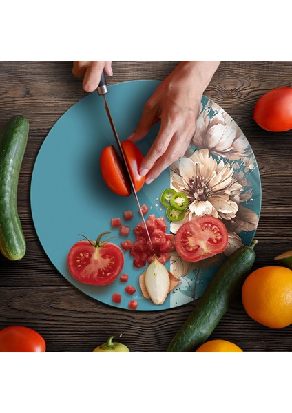 Cam Kesme Tahtası ve Sunumluk Yuvarlak Vintage Mavi Beyaz Çiçekler 30X30 cm fırsatları