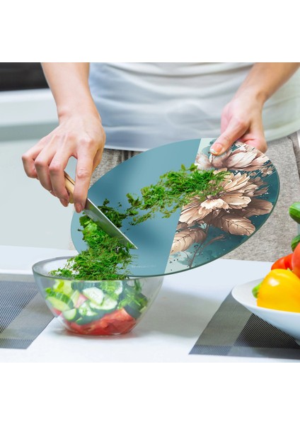 Cam Kesme Tahtası ve Sunumluk Yuvarlak Vintage Mavi Beyaz Çiçekler 30X30 cm indirimleri