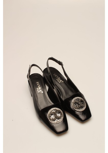 Idil Siyah Kırışık Rugan Taşlı Kadın Topuklu