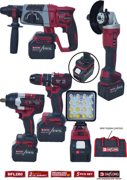 15 Pilli 5'li Çantalı Set 1300NM Torklu+Devirli Taşlama+Matkap+Kırıcı Delici+Fener DFL-280