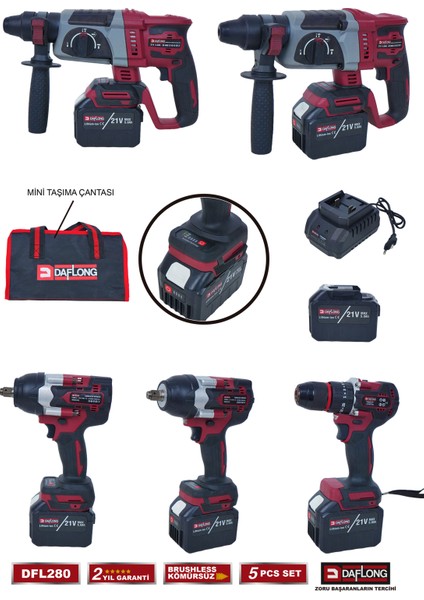 15 Pilli 5'li Çantalı Set 1300NM Torklu+Devirli Taşlama+Matkap+Kırıcı Delici+Fener DFL-280 modelleri