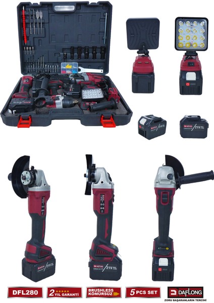 15 Pilli 5'li Çantalı Set 1300NM Torklu+Devirli Taşlama+Matkap+Kırıcı Delici+Fener DFL-280 fırsatları