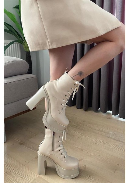 Kadın Simya Krem Bağcıklı Detaylı 12 cm Platform Topuklu Fermuarlı Bot