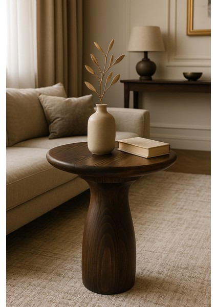 Ceviz Renk Masif Ahşap Yan Sehpa – Modern ve Zarif Mantar Sehpa