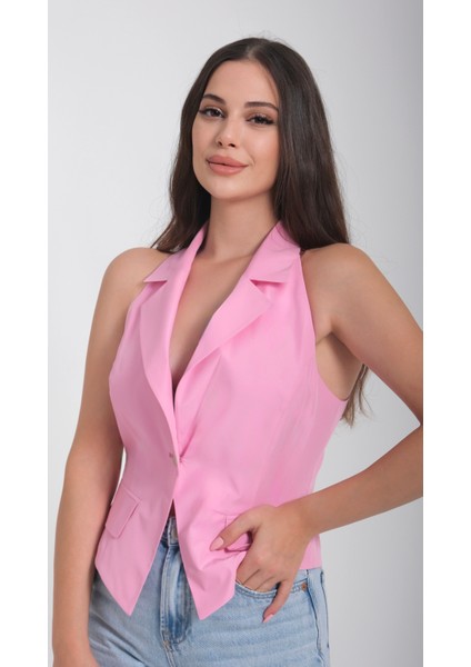 Kadın Tafta Astarlı Erkek Yaka Pembe Yelek