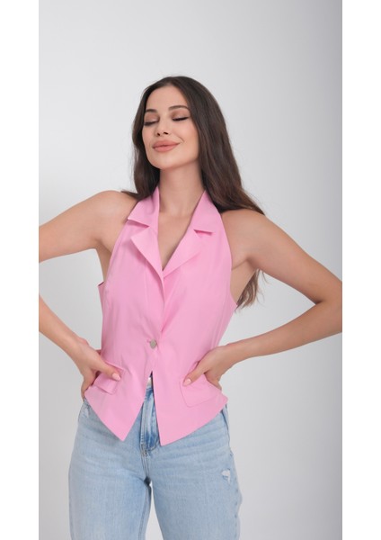 Kadın Tafta Astarlı Erkek Yaka Pembe Yelek fiyatları