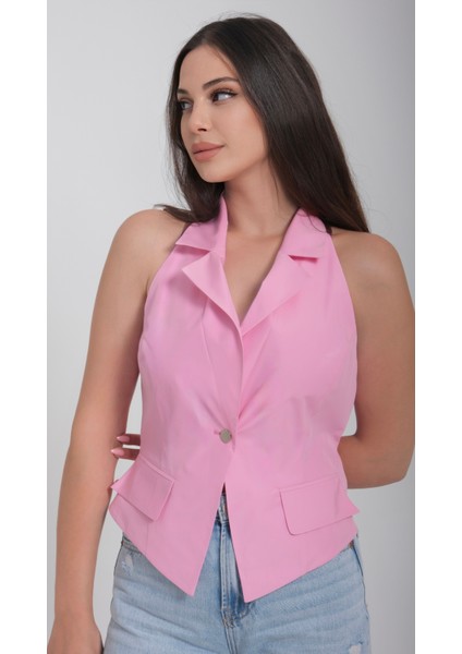 Kadın Tafta Astarlı Erkek Yaka Pembe Yelek modelleri
