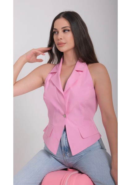 Kadın Tafta Astarlı Erkek Yaka Pembe Yelek fırsatları
