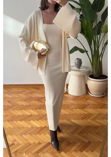 Elbiseli Fitilli Hırka Takım- Ekru