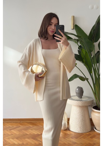 Elbiseli Fitilli Hırka Takım- Ekru