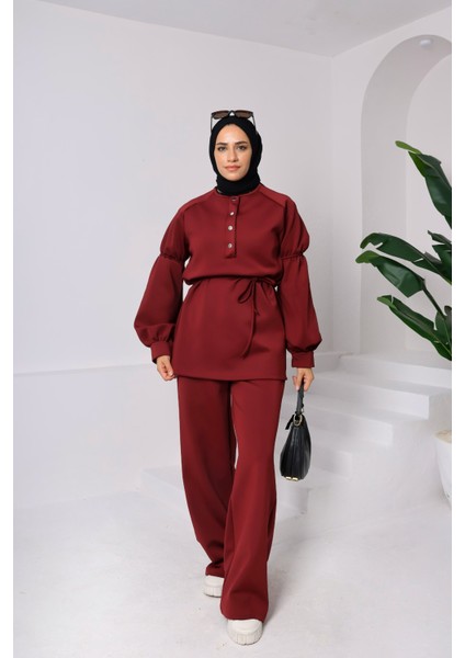 Bordo Scuba Kumaş Tesettür Alt Üst Takım – Yüksek Bel Çift Cepli Pantolon & Çıtçıt Yaka Üst fiyatları
