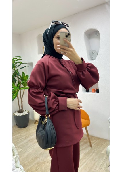 Bordo Scuba Kumaş Tesettür Alt Üst Takım – Yüksek Bel Çift Cepli Pantolon & Çıtçıt Yaka Üst indirimleri