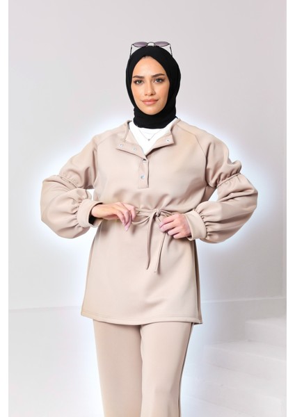 Bordo Scuba Kumaş Tesettür Alt Üst Takım – Yüksek Bel Çift Cepli Pantolon & Çıtçıt Yaka Üst indirimleri