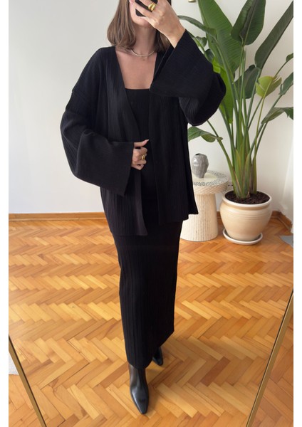 Elbiseli Fitilli Hırka Takım- Siyah