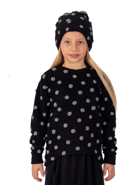 Ponponlu Siyah Kışlık Kız Çocuk Sweatshirt