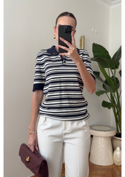 Marka Model Polo Yaka Çizgili Triko Kazak- Lacivert indirimleri