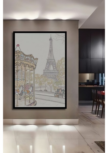 Dekoratif Ahşap Dikdörtgen Tablo Dönme Dolap ve Eyfel Kulesi Çerçeve Görünümlü