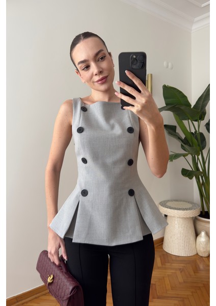 Premium Önü Düğmeli Kumaş Bluz- Gri