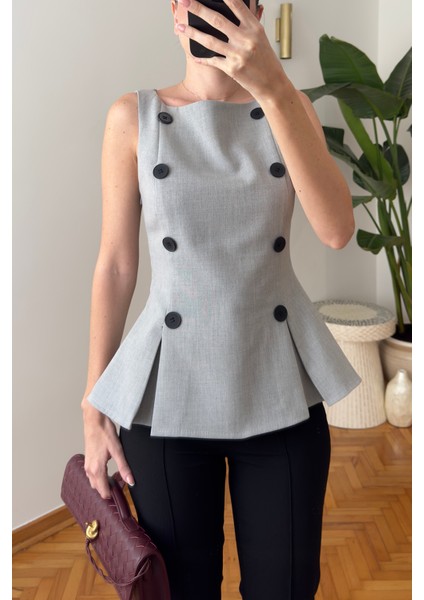 Premium Önü Düğmeli Kumaş Bluz- Gri