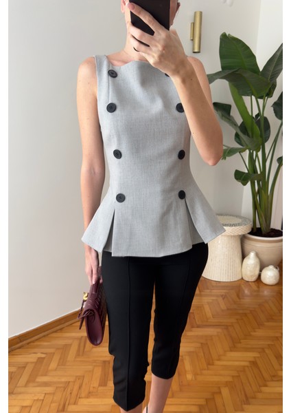 Premium Önü Düğmeli Kumaş Bluz- Gri