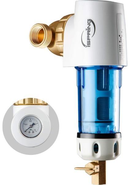 WSP50GR Yeniden Kullanılabilir Spin Sediment Su Filtresi, Dahili Muhafaza Kazıyıcılı 50 Mikron, 360° Dönebilen Başlık, Basınç Göstergesi, Mavi