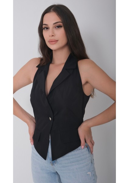 Kadın Tafta Astarlı Erkek Yaka Siyah Yelek fiyatları