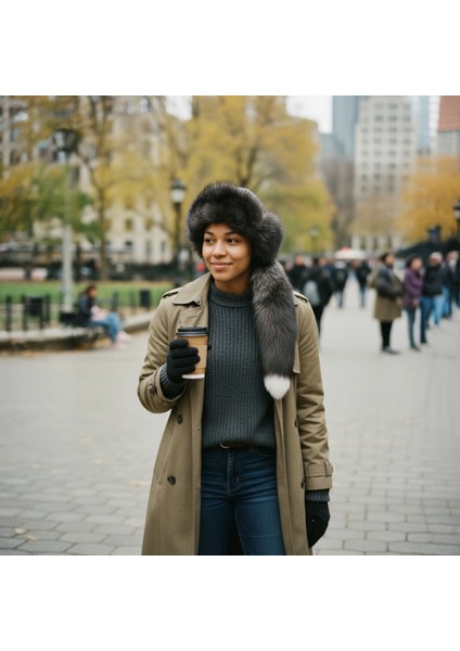 Gerçek Deri Kuyruklu Deri Börk Erkek Kadın Şapka Bere Koyu Kahve