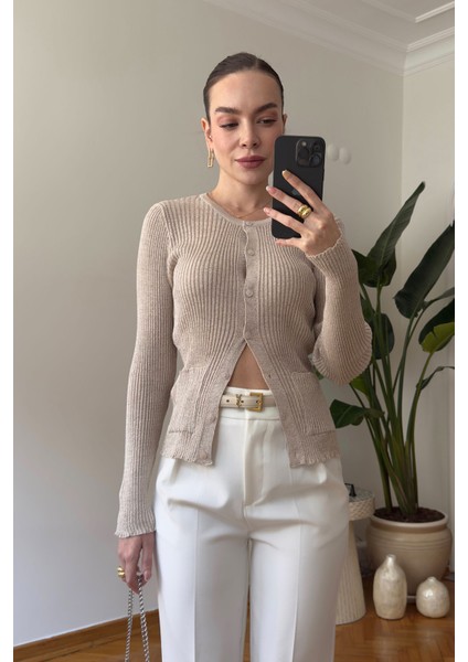 Fitilli Simli Triko Hırka- Bej