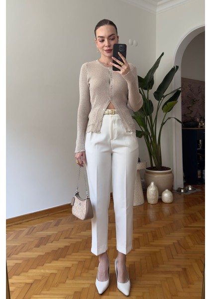 Fitilli Simli Triko Hırka- Bej