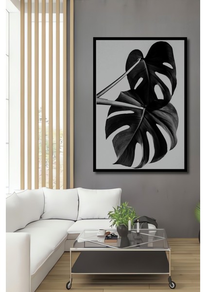 Dekoratif Ahşap Dikdörtgen Tablo Monstera Yaprakları Çerçeve Görünümlü