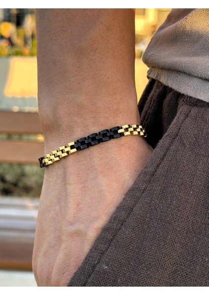 Erkek Blok Zincir Çelik Bileklik / Altın-Siyah Renk