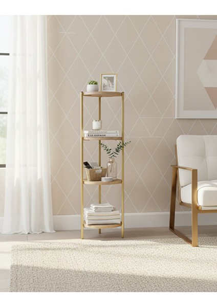 Dekoratif 4 Katlı Raflık, Çiçeklik, Köşe Rafi, Sehpa Çok Amaçlı Raf -Gold Ceviz-