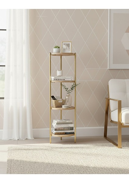 Dekoratif 4 Katlı Raflık, Çiçeklik, Köşe Rafi, Sehpa Çok Amaçlı Raf -Gold Ceviz-