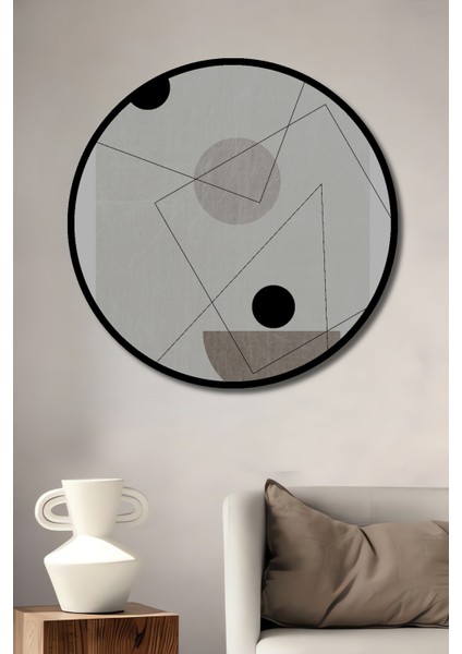 Dekoratif Ahşap Yuvarlak Çerçeve Görünümlü Tablo Soyut Geometrik Kompozisyon