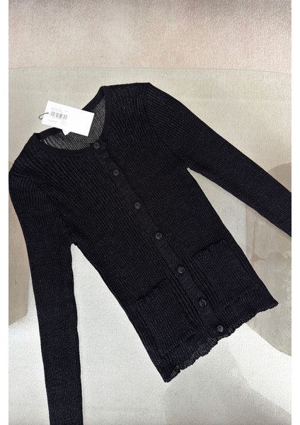 Fitilli Simli Triko Hırka- Siyah