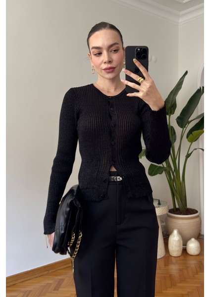 Fitilli Simli Triko Hırka- Siyah