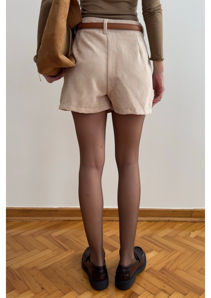 Kadife Özel Tasarım Şort Etek- Bej